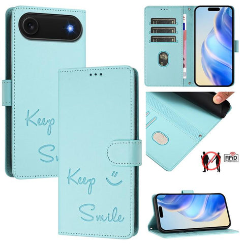 Smile Embossing RFID Leather Phone Case, For iPhone 18 Pro / 17 Pro, For iPhone 18 Pro Max / 17 Pro Max, For iPhone 17, For iPhone Air, For iPhone SE 2024, For iPhone 16 Pro Max, For iPhone 16 Pro, For iPhone 16 Plus