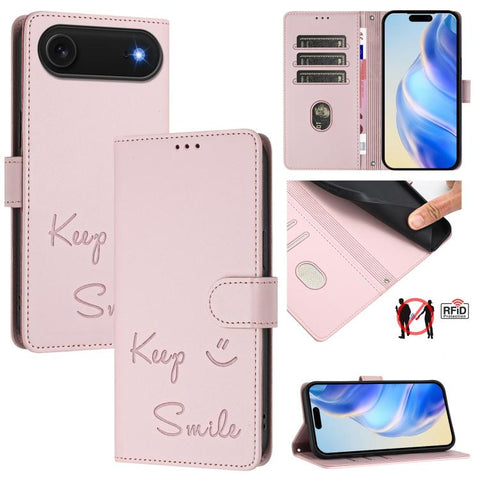 Smile Embossing RFID Leather Phone Case, For iPhone 18 Pro / 17 Pro, For iPhone 18 Pro Max / 17 Pro Max, For iPhone 17, For iPhone Air, For iPhone SE 2024, For iPhone 16 Pro Max, For iPhone 16 Pro, For iPhone 16 Plus