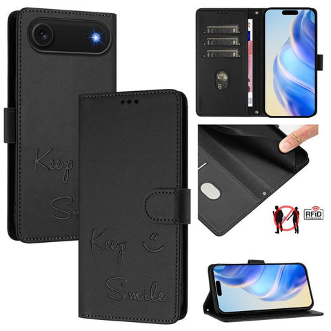 Smile Embossing RFID Leather Phone Case, For iPhone 18 Pro / 17 Pro, For iPhone 18 Pro Max / 17 Pro Max, For iPhone 17, For iPhone Air, For iPhone SE 2024, For iPhone 16 Pro Max, For iPhone 16 Pro, For iPhone 16 Plus