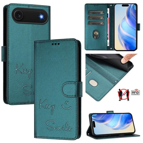 Smile Embossing RFID Leather Phone Case, For iPhone 18 Pro / 17 Pro, For iPhone 18 Pro Max / 17 Pro Max, For iPhone 17, For iPhone Air, For iPhone SE 2024, For iPhone 16 Pro Max, For iPhone 16 Pro, For iPhone 16 Plus