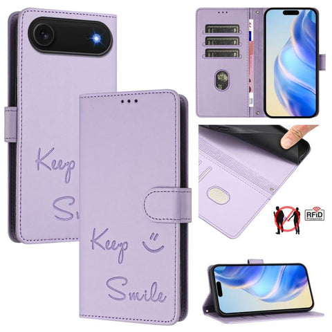 Smile Embossing RFID Leather Phone Case, For iPhone 18 Pro / 17 Pro, For iPhone 18 Pro Max / 17 Pro Max, For iPhone 17, For iPhone Air, For iPhone SE 2024, For iPhone 16 Pro Max, For iPhone 16 Pro, For iPhone 16 Plus