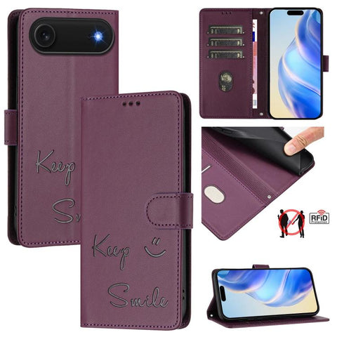 Smile Embossing RFID Leather Phone Case, For iPhone 18 Pro / 17 Pro, For iPhone 18 Pro Max / 17 Pro Max, For iPhone 17, For iPhone Air, For iPhone SE 2024, For iPhone 16 Pro Max, For iPhone 16 Pro, For iPhone 16 Plus