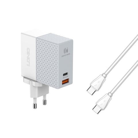 LDNIO A2620C PD3.0 65W USB Power Adapter Travel Charger with Type-C to Type-C Cable, EU Plug, US Plug, UK Plug