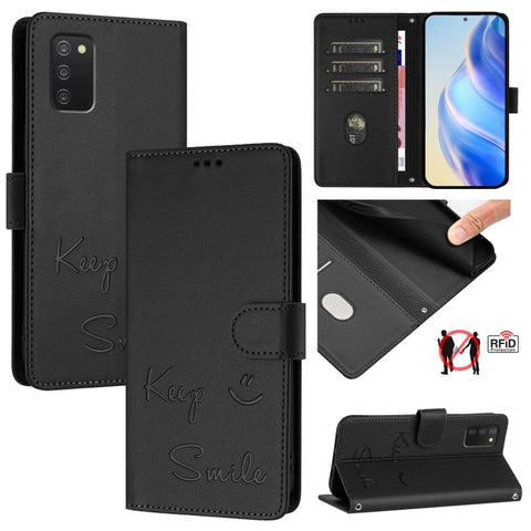 Smile Embossing RFID Leather Phone Case, For Samsung Galaxy A52 4G / 5G / A52s 5G, For Samsung Galaxy A03s 164mm, For Samsung Galaxy A03s 166mm, For Samsung Galaxy A03s 165.8mm, For Samsung Galaxy A22 4G, For Samsung Galaxy A32 4G                      ...