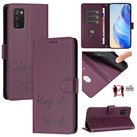 Smile Embossing RFID Leather Phone Case, For Samsung Galaxy A52 4G / 5G / A52s 5G, For Samsung Galaxy A03s 164mm, For Samsung Galaxy A03s 166mm, For Samsung Galaxy A03s 165.8mm, For Samsung Galaxy A22 4G, For Samsung Galaxy A32 4G                      ...