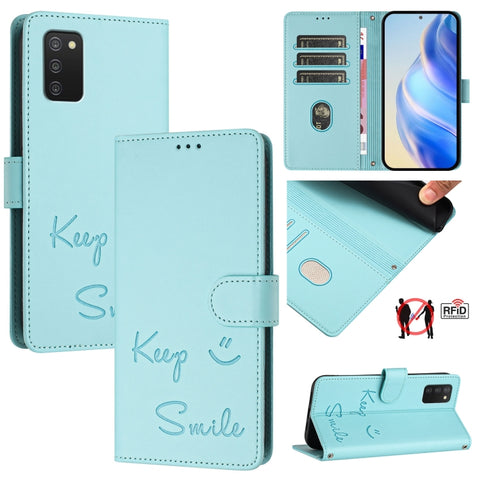 Smile Embossing RFID Leather Phone Case, For Samsung Galaxy A52 4G / 5G / A52s 5G, For Samsung Galaxy A03s 164mm, For Samsung Galaxy A03s 166mm, For Samsung Galaxy A03s 165.8mm, For Samsung Galaxy A22 4G, For Samsung Galaxy A32 4G                      ...