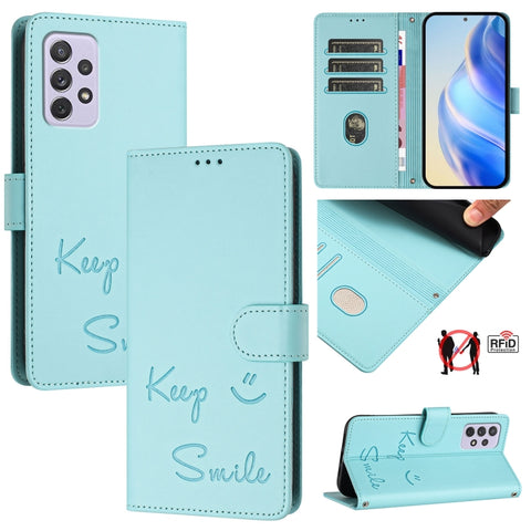 Smile Embossing RFID Leather Phone Case, For Samsung Galaxy A52 4G / 5G / A52s 5G, For Samsung Galaxy A03s 164mm, For Samsung Galaxy A03s 166mm, For Samsung Galaxy A03s 165.8mm, For Samsung Galaxy A22 4G, For Samsung Galaxy A32 4G                      ...