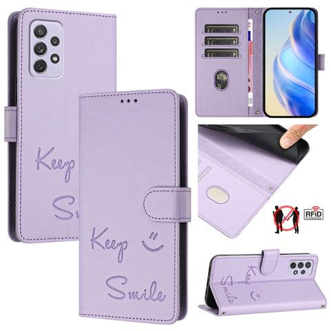 Smile Embossing RFID Leather Phone Case, For Samsung Galaxy A52 4G / 5G / A52s 5G, For Samsung Galaxy A03s 164mm, For Samsung Galaxy A03s 166mm, For Samsung Galaxy A03s 165.8mm, For Samsung Galaxy A22 4G, For Samsung Galaxy A32 4G                      ...