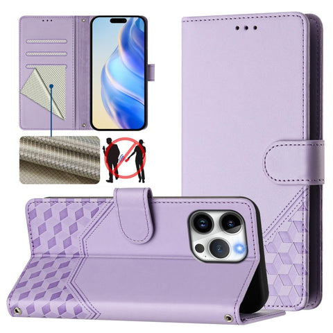 Honeycomb Embossing RFID Leather Phone Case, For iPhone 18 Pro / 17 Pro, For iPhone 18 Pro Max / 17 Pro Max, For iPhone 17e / 16e, For iPhone 17, For iPhone Air, For iPhone 16 Pro Max, For iPhone 16 Pro, For iPhone 16 Plus