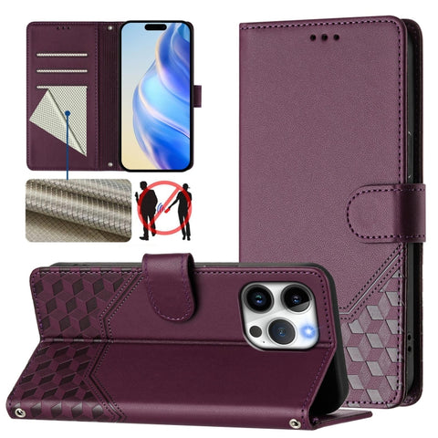 Honeycomb Embossing RFID Leather Phone Case, For iPhone 18 Pro / 17 Pro, For iPhone 18 Pro Max / 17 Pro Max, For iPhone 17e / 16e, For iPhone 17, For iPhone Air, For iPhone 16 Pro Max, For iPhone 16 Pro, For iPhone 16 Plus