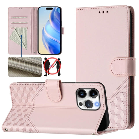 Honeycomb Embossing RFID Leather Phone Case, For iPhone 18 Pro / 17 Pro, For iPhone 18 Pro Max / 17 Pro Max, For iPhone 17e / 16e, For iPhone 17, For iPhone Air, For iPhone 16 Pro Max, For iPhone 16 Pro, For iPhone 16 Plus