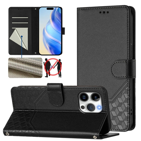 Honeycomb Embossing RFID Leather Phone Case, For iPhone 18 Pro / 17 Pro, For iPhone 18 Pro Max / 17 Pro Max, For iPhone 17e / 16e, For iPhone 17, For iPhone Air, For iPhone 16 Pro Max, For iPhone 16 Pro, For iPhone 16 Plus