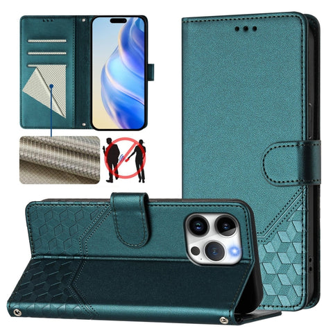 Honeycomb Embossing RFID Leather Phone Case, For iPhone 18 Pro / 17 Pro, For iPhone 18 Pro Max / 17 Pro Max, For iPhone 17e / 16e, For iPhone 17, For iPhone Air, For iPhone 16 Pro Max, For iPhone 16 Pro, For iPhone 16 Plus