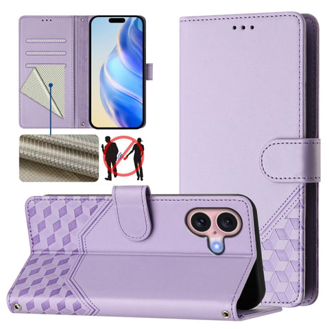 Honeycomb Embossing RFID Leather Phone Case, For iPhone 18 Pro / 17 Pro, For iPhone 18 Pro Max / 17 Pro Max, For iPhone 17e / 16e, For iPhone 17, For iPhone Air, For iPhone 16 Pro Max, For iPhone 16 Pro, For iPhone 16 Plus
