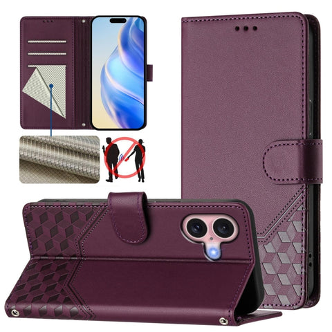 Honeycomb Embossing RFID Leather Phone Case, For iPhone 18 Pro / 17 Pro, For iPhone 18 Pro Max / 17 Pro Max, For iPhone 17e / 16e, For iPhone 17, For iPhone Air, For iPhone 16 Pro Max, For iPhone 16 Pro, For iPhone 16 Plus