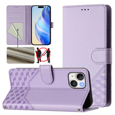 Honeycomb Embossing RFID Leather Phone Case, For iPhone 16, For iPhone 15 Pro Max, For iPhone 15 Pro, For iPhone 15 Plus, For iPhone 15, For iPhone 14 Plus, For iPhone 14 / 13, For iPhone 14 Pro