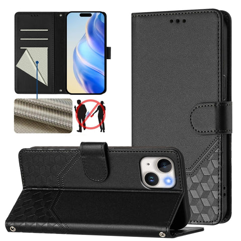Honeycomb Embossing RFID Leather Phone Case, For iPhone 16, For iPhone 15 Pro Max, For iPhone 15 Pro, For iPhone 15 Plus, For iPhone 15, For iPhone 14 Plus, For iPhone 14 / 13, For iPhone 14 Pro
