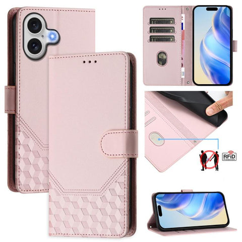 Honeycomb Embossing RFID Leather Phone Case, For iPhone 18 Pro / 17 Pro, For iPhone 18 Pro Max / 17 Pro Max, For iPhone 17e / 16e, For iPhone 17, For iPhone Air, For iPhone 16 Pro Max, For iPhone 16 Pro, For iPhone 16 Plus