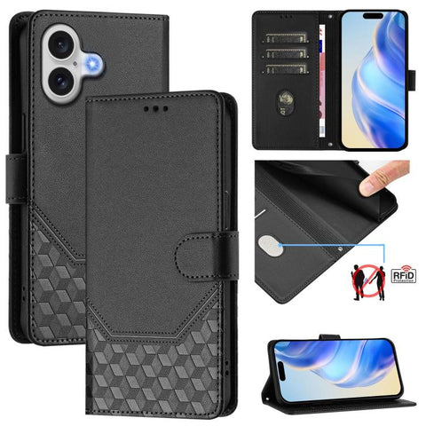 Honeycomb Embossing RFID Leather Phone Case, For iPhone 18 Pro / 17 Pro, For iPhone 18 Pro Max / 17 Pro Max, For iPhone 17e / 16e, For iPhone 17, For iPhone Air, For iPhone 16 Pro Max, For iPhone 16 Pro, For iPhone 16 Plus