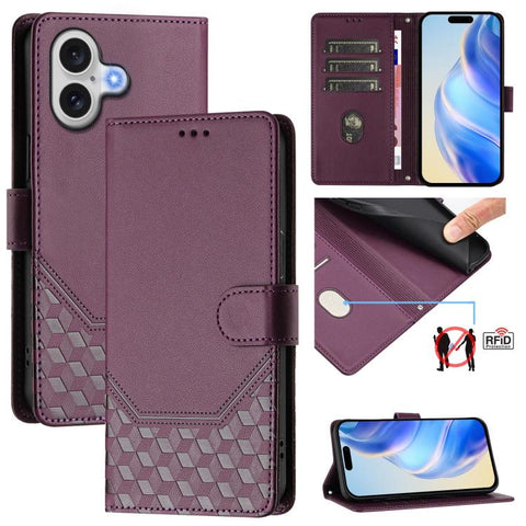 Honeycomb Embossing RFID Leather Phone Case, For iPhone 18 Pro / 17 Pro, For iPhone 18 Pro Max / 17 Pro Max, For iPhone 17e / 16e, For iPhone 17, For iPhone Air, For iPhone 16 Pro Max, For iPhone 16 Pro, For iPhone 16 Plus