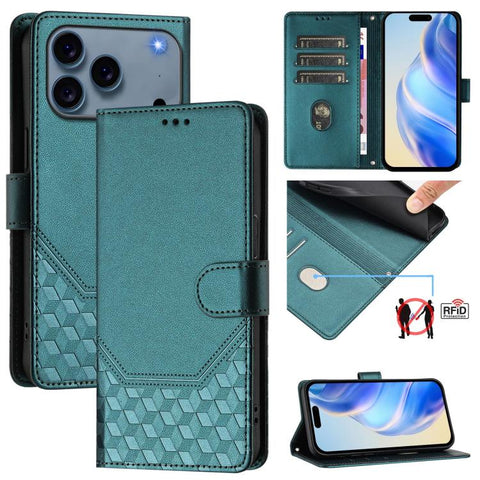 Honeycomb Embossing RFID Leather Phone Case, For iPhone 18 Pro / 17 Pro, For iPhone 18 Pro Max / 17 Pro Max, For iPhone 17e / 16e, For iPhone 17, For iPhone Air, For iPhone 16 Pro Max, For iPhone 16 Pro, For iPhone 16 Plus