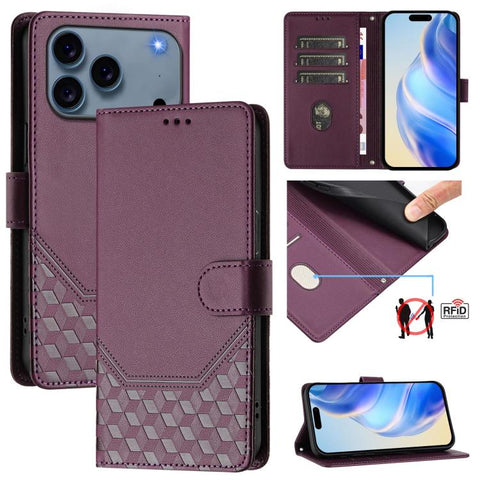 Honeycomb Embossing RFID Leather Phone Case, For iPhone 18 Pro / 17 Pro, For iPhone 18 Pro Max / 17 Pro Max, For iPhone 17e / 16e, For iPhone 17, For iPhone Air, For iPhone 16 Pro Max, For iPhone 16 Pro, For iPhone 16 Plus