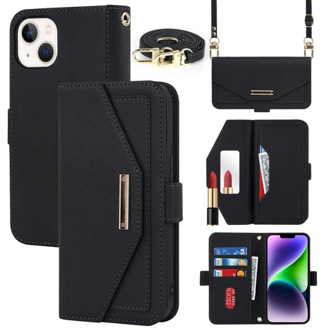Cross Texture Crossbody Lanyard Leather Phone Case, For iPhone 15