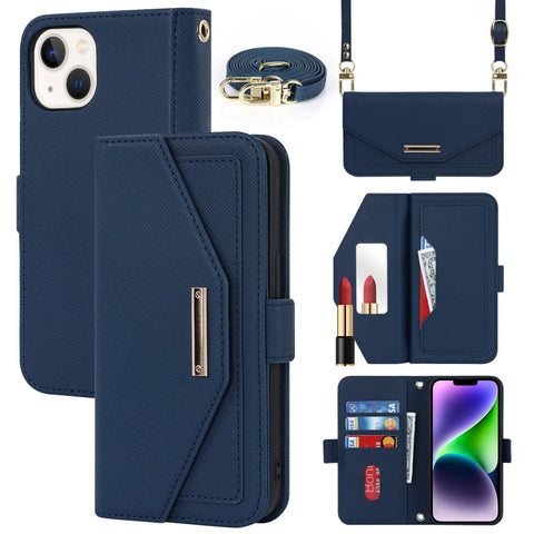 Cross Texture Crossbody Lanyard Leather Phone Case, For iPhone 15