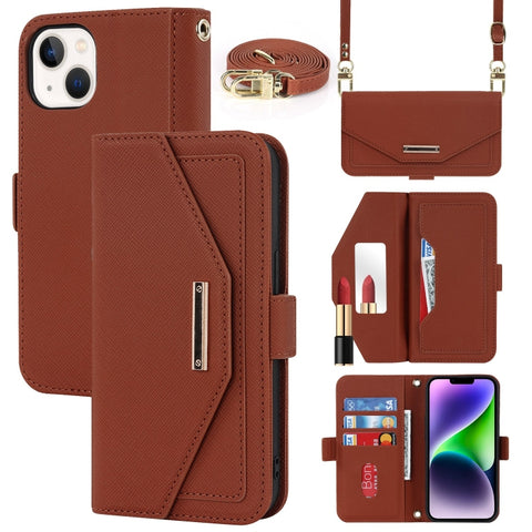 Cross Texture Crossbody Lanyard Leather Phone Case, For iPhone 15
