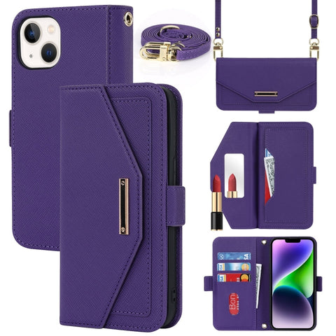 Cross Texture Crossbody Lanyard Leather Phone Case, For iPhone 15