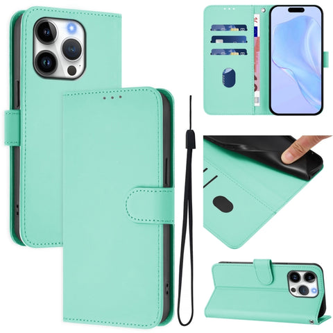 Skin Feel Solid Color Leather Phone Case with Lanyard, For iPhone 16 Pro, For iPhone 16 Plus