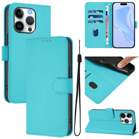 Skin Feel Solid Color Leather Phone Case with Lanyard, For iPhone 16 Pro, For iPhone 16 Plus