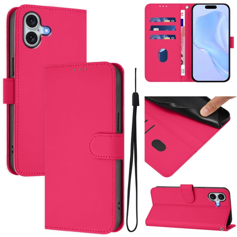 Skin Feel Solid Color Leather Phone Case with Lanyard, For iPhone 16 Pro, For iPhone 16 Plus