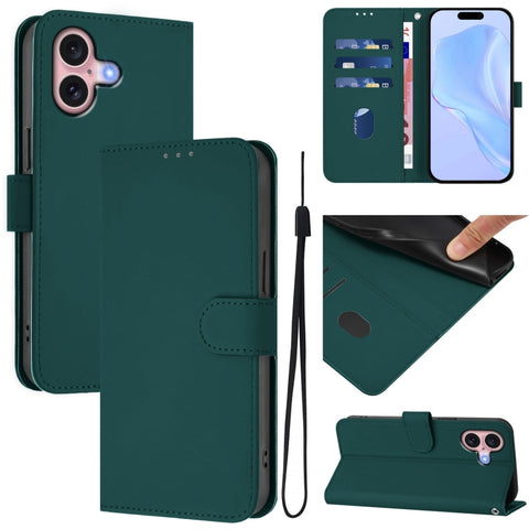Skin Feel Solid Color Leather Phone Case with Lanyard, For iPhone 16, For iPhone 15 Pro Max