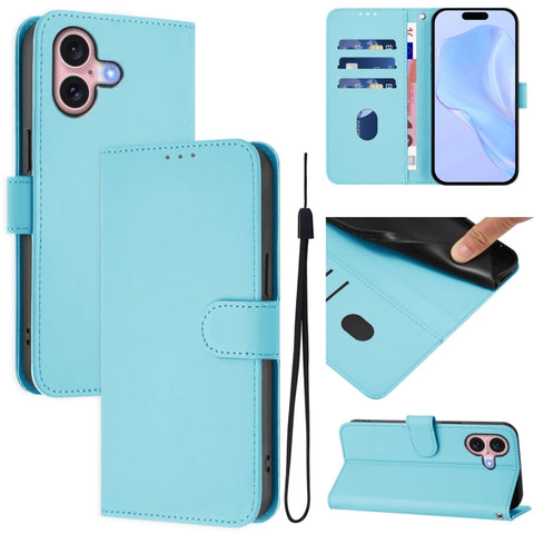 Skin Feel Solid Color Leather Phone Case with Lanyard, For iPhone 16, For iPhone 15 Pro Max