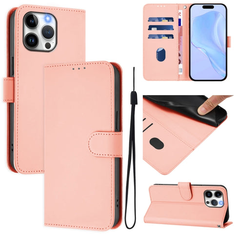 Skin Feel Solid Color Leather Phone Case with Lanyard, For iPhone 16, For iPhone 15 Pro Max