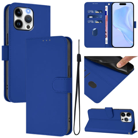 Skin Feel Solid Color Leather Phone Case with Lanyard, For iPhone 16, For iPhone 15 Pro Max