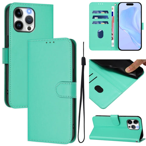 Skin Feel Solid Color Leather Phone Case with Lanyard, For iPhone 16, For iPhone 15 Pro Max