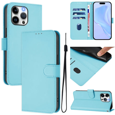 Skin Feel Solid Color Leather Phone Case with Lanyard, For iPhone 16, For iPhone 15 Pro Max