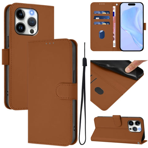 Skin Feel Solid Color Leather Phone Case with Lanyard, For iPhone 15 Pro, For iPhone 15 Plus