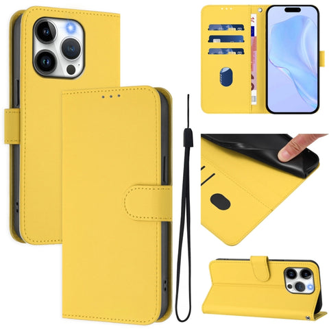 Skin Feel Solid Color Leather Phone Case with Lanyard, For iPhone 15 Pro, For iPhone 15 Plus