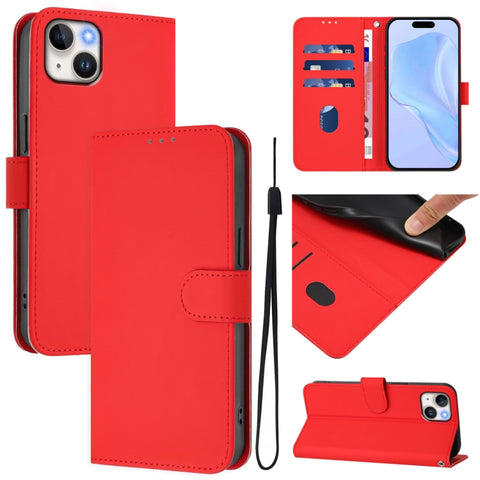 Skin Feel Solid Color Leather Phone Case with Lanyard, For iPhone 15 Pro, For iPhone 15 Plus
