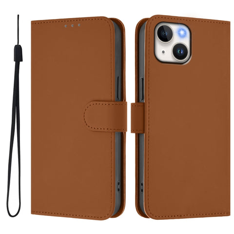 Skin Feel Solid Color Leather Phone Case with Lanyard, For iPhone 15, For iPhone 14 Plus