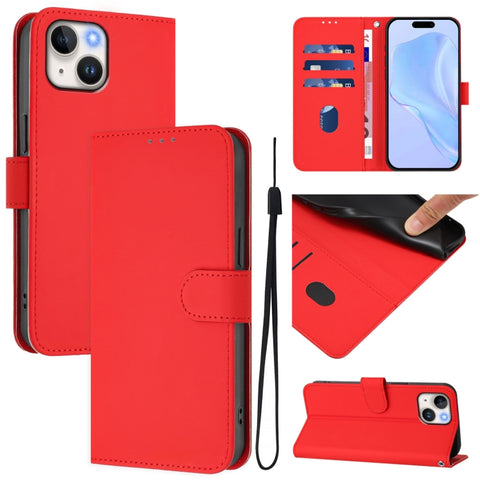 Skin Feel Solid Color Leather Phone Case with Lanyard, For iPhone 15, For iPhone 14 Plus