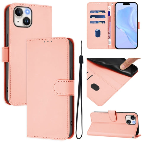 Skin Feel Solid Color Leather Phone Case with Lanyard, For iPhone 15, For iPhone 14 Plus