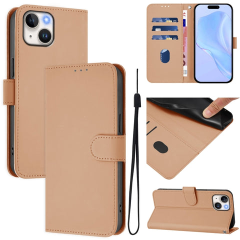 Skin Feel Solid Color Leather Phone Case with Lanyard, For iPhone 15, For iPhone 14 Plus