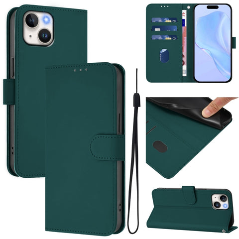 Skin Feel Solid Color Leather Phone Case with Lanyard, For iPhone 15, For iPhone 14 Plus