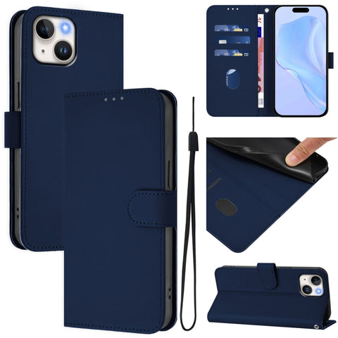 Skin Feel Solid Color Leather Phone Case with Lanyard, For iPhone 15, For iPhone 14 Plus