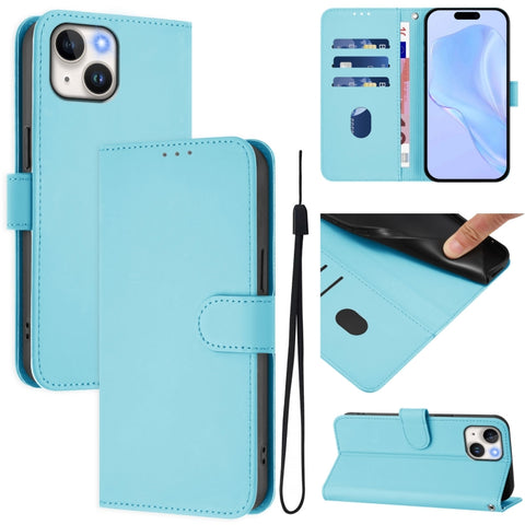 Skin Feel Solid Color Leather Phone Case with Lanyard, For iPhone 15, For iPhone 14 Plus