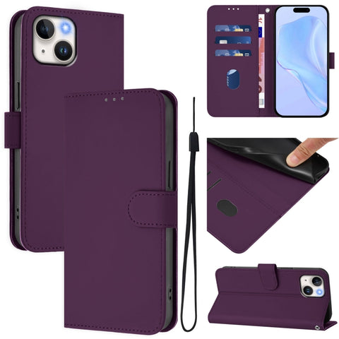 Skin Feel Solid Color Leather Phone Case with Lanyard, For iPhone 15, For iPhone 14 Plus